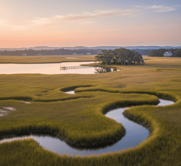 Serene coastal marsh at sunset with winding waterways, lush grasses, and a small dock, showcasing scenic land for sale and development by Land Partner SC.