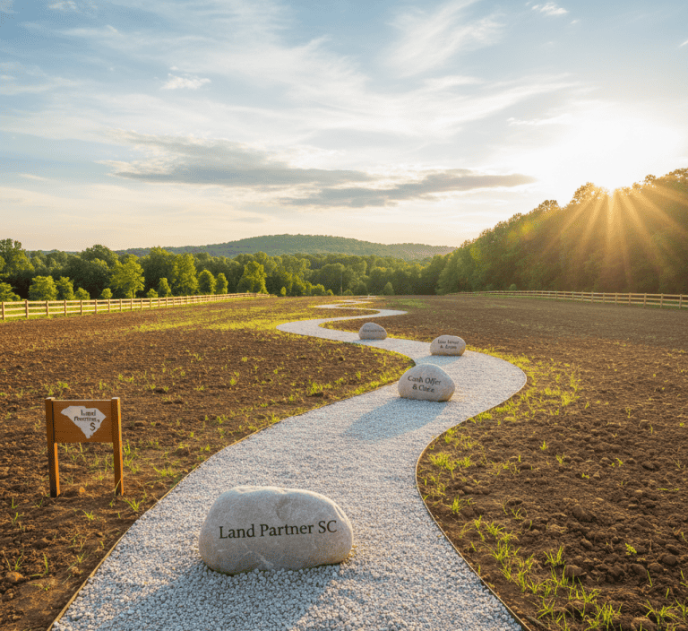 A winding gravel path, lush green trees, and a sunrise sky, emphasizing land development and investment opportunities and ease by selling your land to Land Partner SC. How to Sell Land Without a Real Estate Agent in South Carolina